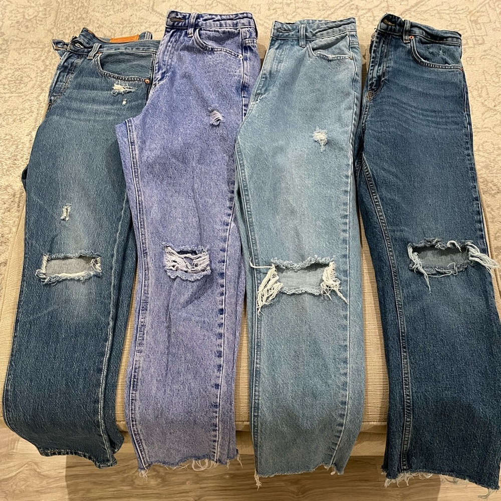Brand name jeans Levi, MISGUIDED, Zara sizes in description